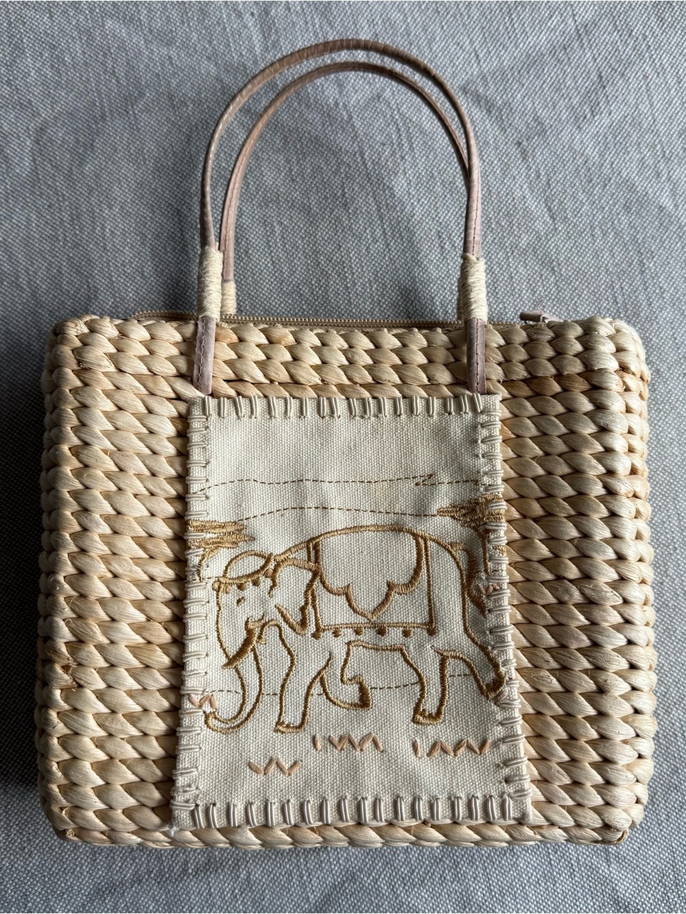 Vintage Neutral Straw Mini Bag with Embroidered Elephant Panel - Beige